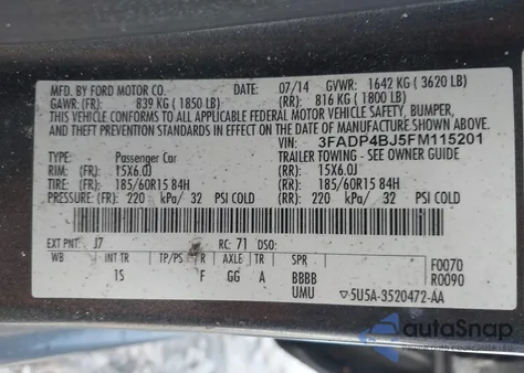 2015 Ford Fiesta Se из США, поврежденный, VIN 3FADP4BJ5FM115201